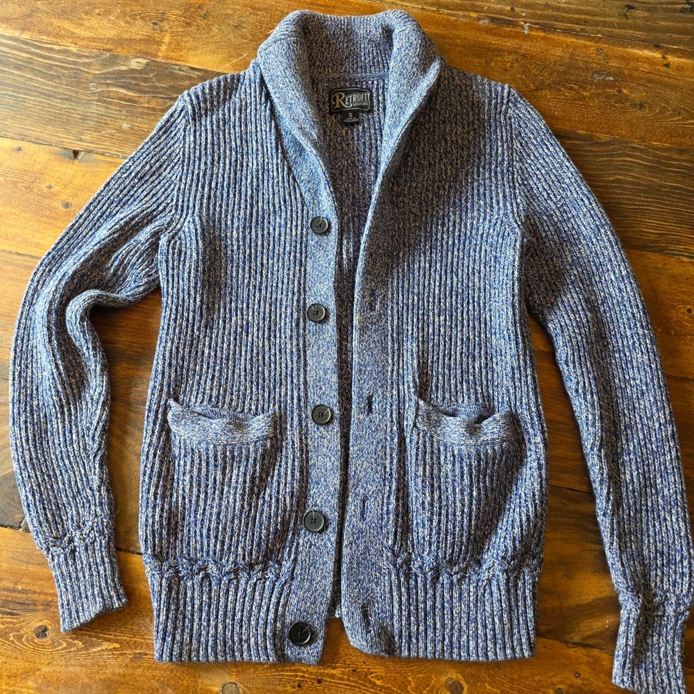 Retrofit Mens Shawl Collar Cardigan‎ Sweater Knit Button Front Blue Small